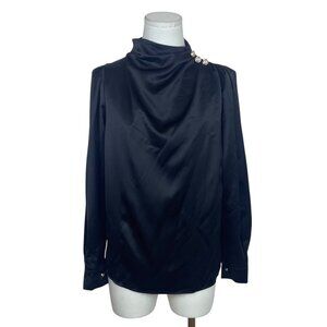 Jinghui fushi Womens Black Satin Button Embellished High-Neck Long Sleeve Blouse